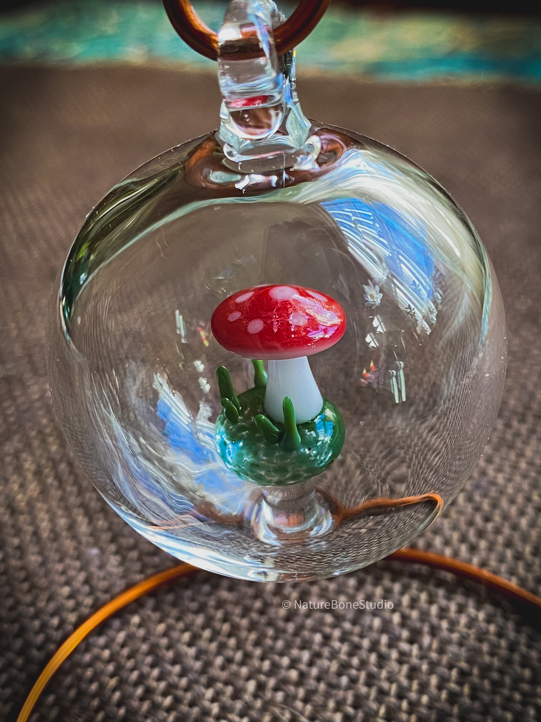 Mushroom Realm Ornament, hand blown glass