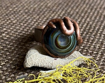 Copper Snake Ring, Handmade Copper and glass