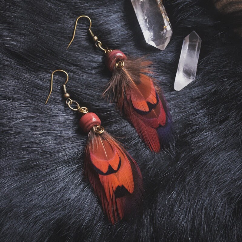 Natural Feather earrings handmade glass beads, cruelty free feathers