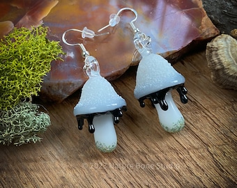 Ink Cap Mushroom Earrings, handmade glass art, fairycore, toadstool, lampworked