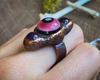 Magenta Eye Cluster Copper handmade glass ring