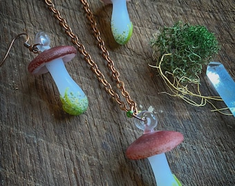 Earthy Glass Mushroom Necklace and Earrings