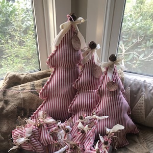 Farmhouse Christmas Tree Pillows handmade from Red Cotton Ticking They range from Couch Pillows to bowl filler/ornament  5"-20"Free Shipping