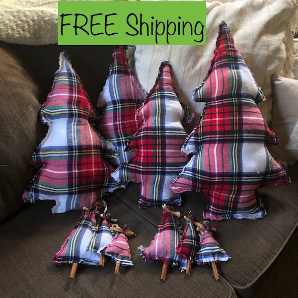 Farmhouse Christmas Tree Pillows handmade from Red Plaid  Flannel They range from Couch Pillows to bowl filler/ornament 4”-23 “Free Shipping