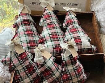 Farmhouse Christmas Tree Pillow handmade from White Red Green Christmas Plaid cotton fabric Pillows stand  18 X 15 inch Free Shipping