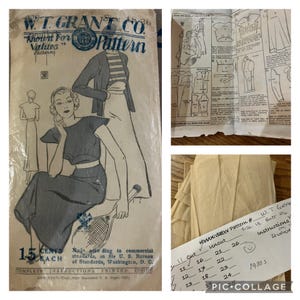 May include: Vintage W.T. Grant Co. pattern packet with illustrations of women's clothing designs. The packet includes the text "Known For Values" and "Pattern". The price is 15 cents. Also included are pattern instructions and a handwritten note.