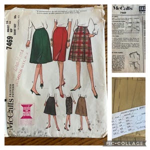 May include: Vintage McCall's sewing pattern 7469 for a skirt set. The pattern includes instructions for making a skirt with a variety of fabrics, including plaid, solid colors, and prints. The pattern is printed on paper and includes a diagram of the skirt.