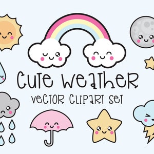 Premium Vector Clipart - Kawaii Weather Clipart - Kawaii Weather Clip art Set - High Quality Vectors - Instant Download - Kawaii Clipart