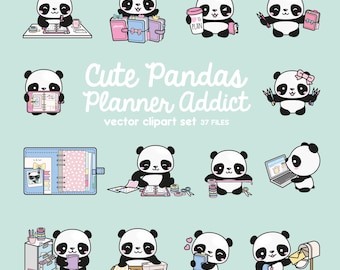 Premium Vector Clipart - Kawaii Panda - Cute Pandas Planner Addict Clipart - Panda Loves Planning - Instant Download - Kawaii Clipart