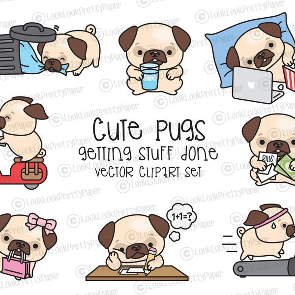 Premium Vector Clipart - Kawaii Pug - Cute Pugs Planning Clipart - Instant Download - Kawaii Clipart