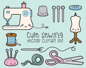 Premium Vector Clipart - Kawaii Sewing Clipart - Kawaii Sewing Clip art Set - High Quality Vectors - Instant Download - Kawaii Sew Clipart