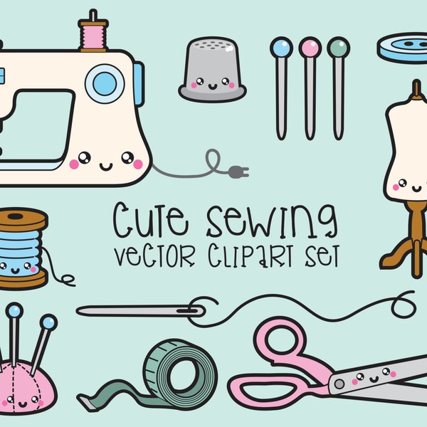 Premium Vector Clipart - Kawaii Sewing Clipart - Kawaii Sewing Clip art Set - High Quality Vectors - Instant Download - Kawaii Sew Clipart