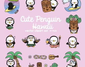 Premium Vector Clipart - Kawaii Penguin - Cute Penguin in Hawaii Clipart - Hawaii - Instant Download - Kawaii Clipart