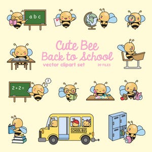 May include: Cute cartoon bees in various school settings, including reading books, holding a globe, and sitting at a desk. The text "Cute Bee Back to School vector clipart set 39 FILES" is at the top of the image.
