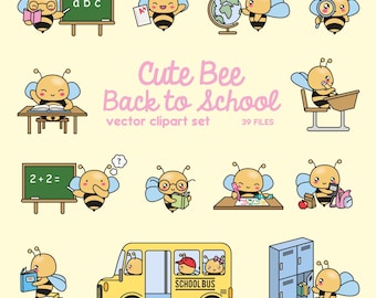 Premium Vector Clipart - Kawaii Bees Back To School - Cute Bees Clipart Set - High Quality Vectors - Kawaii School Clipart
