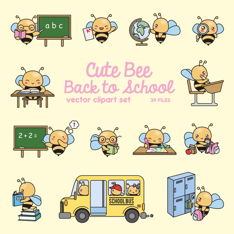 May include: Cute cartoon bees in various school settings, including reading books, holding a globe, and sitting at a desk. The text "Cute Bee Back to School vector clipart set 39 FILES" is at the top of the image.
