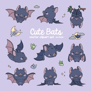 Premium Vector Clipart - Kawaii Bats - Cute Bats Clipart Set - Wysokiej Jakości Wektory - Natychmiastowe Pobieranie - Kawaii Clipart