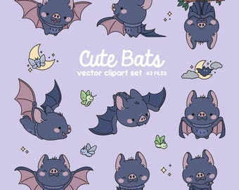 Premium Vector Clipart - Kawaii Bats - Cute Bats Clipart Set - High Quality Vectors - Instant Download - Kawaii Clipart