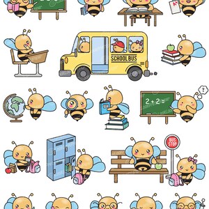 May include: A set of 16 cartoon bee illustrations with various school-themed activities, including reading, writing, math, and riding the school bus. The bees are wearing backpacks, holding books, and carrying pencils. The illustrations are in a bright, colorful style and are perfect for use in educational materials.