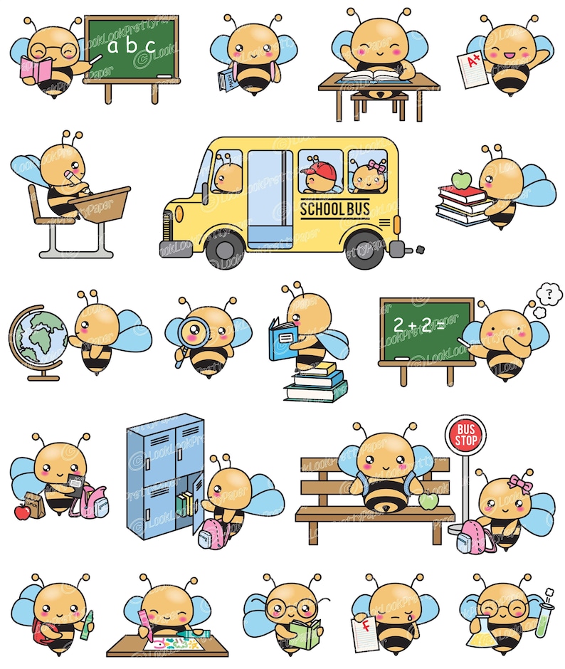May include: A set of 16 cartoon bee illustrations with various school-themed activities, including reading, writing, math, and riding the school bus. The bees are wearing backpacks, holding books, and carrying pencils. The illustrations are in a bright, colorful style and are perfect for use in educational materials.