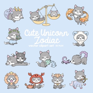 Premium Vector Clipart - loup kawaii - mignons loups zodiaque Clipart Set - vecteurs de haute qualité - téléchargement immédiat - Clipart signe du zodiaque kawaii