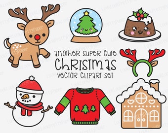 Premium Vector Clipart - Kawaii Christmas - Another Cute Chrismas Clipart Set - High Quality Vectors - Instant Download - Kawaii Clipart