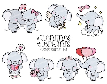 Premium Vector Clipart - Kawaii Valentines Elephants - Valentines Day Elephant Clipart Set - High Quality Vectors - Valentines Day Clipart