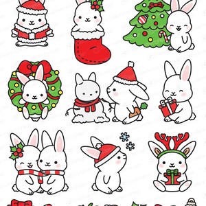 Op de afbeelding: Een set van 10 kerstthema-illustraties met schattige witte konijnen in verschillende kerstposes. De konijnen dragen kerstmanmutsen, rendiergewei en houden cadeaus vast. Er zijn ook illustraties van een kerstboom, een krans, een sneeuwpop en andere kerstversieringen.