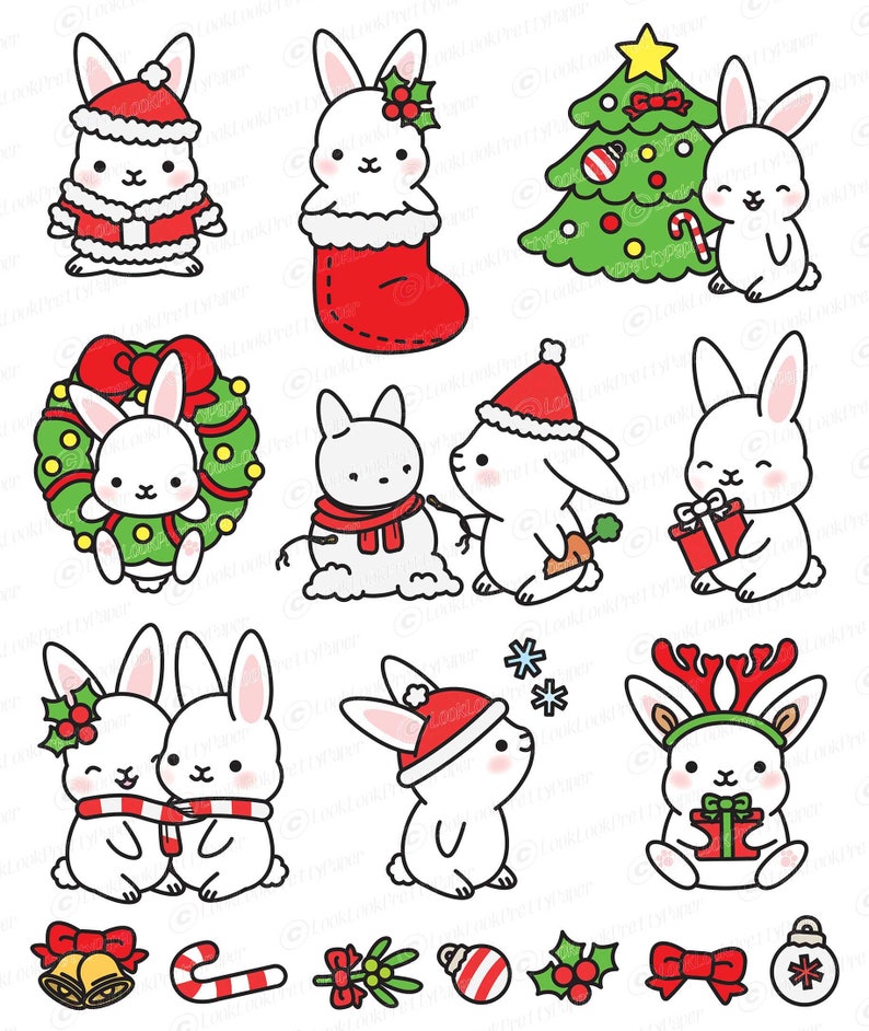 Op de afbeelding: Een set van 10 kerstthema-illustraties met schattige witte konijnen in verschillende kerstposes. De konijnen dragen kerstmanmutsen, rendiergewei en houden cadeaus vast. Er zijn ook illustraties van een kerstboom, een krans, een sneeuwpop en andere kerstversieringen.