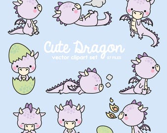 May include: A set of nine cute cartoon purple dragons in various poses, including sleeping, flying, hatching from an egg, and breathing fire. The dragons have big eyes, small wings, and are drawn in a simple, childlike style. The text "Cute Dragon vector clipart set 27 files" is written in a whimsical font.