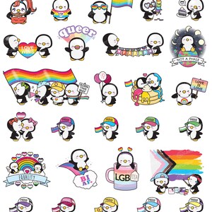 Op de afbeelding: Een set van 25 digitale stickers met schattige cartoon-pingu&iuml;ns met regenboog-pride-vlaggen, harten en tekst zoals "Love Wins", "Born This Way", "Not a Phase", "Bi AF" en "LGB Tea".