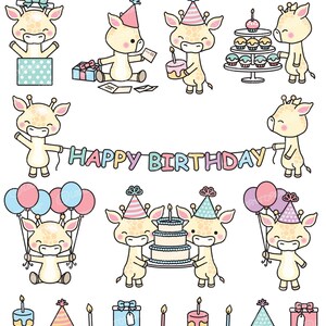 May include: A set of cute cartoon giraffe illustrations celebrating a birthday. The giraffes are wearing party hats and holding balloons, cake, presents, and a banner that says "Happy Birthday".