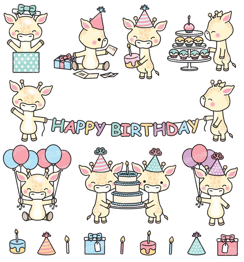 May include: A set of cute cartoon giraffe illustrations celebrating a birthday. The giraffes are wearing party hats and holding balloons, cake, presents, and a banner that says "Happy Birthday".