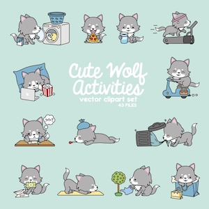 May include: A set of 10 cartoon illustrations featuring a cute gray wolf doing various activities, including doing laundry, eating pizza, exercising, riding a scooter, watching TV, doing math, sleeping, taking out the trash, gardening, and shopping. The illustrations are in a cartoon style and are perfect for use in children's books, educational materials, or for creating fun and engaging designs.