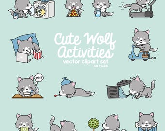 Premium Vector Clipart - Kawaii Wolf - Cute Wolf Planning Clipart - Even More Wolves - Instant Download - Kawaii Clipart