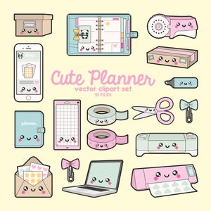 Clipart vettoriali premium - Clipart di pianificazione kawaii - Set di clipart di pianificatori kawaii - Vettori di alta qualità - Forniture per pianificatori Clipart kawaii