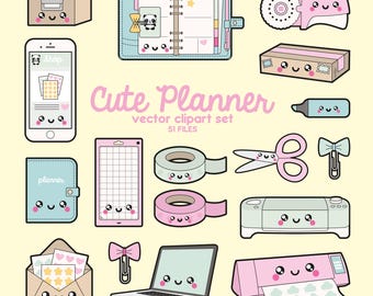 Premium Vector Clipart - Kawaii Planning Clipart - Kawaii Planner Clip Art Set - High Quality Vectors - Planner Supplies Kawaii Clipart