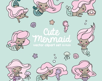Premium Vector Clipart - Kawaii Mermaids - Cute Mermaids Clipart Set - Colour Variation - High Quality Vectors - Kawaii Clipart
