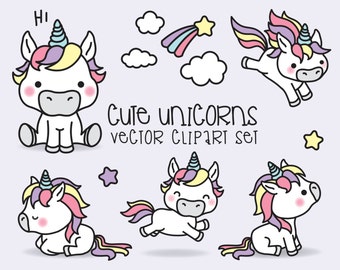 Premium Vector Clipart - Kawaii Unicorns - Cute Unicorns Clipart Set - High Quality Vectors - Instant Download - Kawaii Clipart