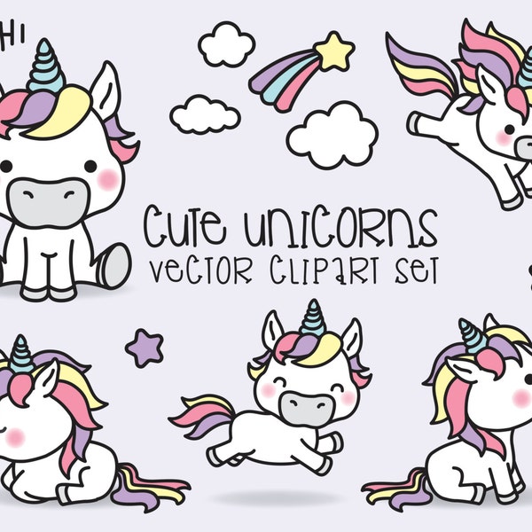 Premium Vector Clipart - Kawaii Unicorns - Cute Unicorns Clipart Set - High Quality Vectors - Instant Download - Kawaii Clipart