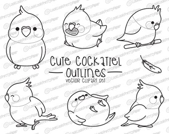 Premium Vector Clipart - Kawaii Cockatiel Outlines - Cute Cockatiel Outlines Clipart Set - High Quality Vectors - Kawaii Clipart