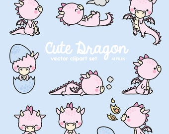 Premium Vector Clipart - Kawaii Pink Dragon - Cute Baby Dragons Clipart Set - High Quality Vectors - Instant Download - Kawaii Clipart