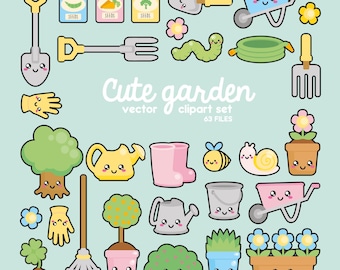 Premium Vector Clipart - Kawaii Gardening Clipart - Kawaii Garden Clip Art Set - High Quality Vectors - Instant Download - Kawaii Clipart