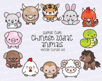 Premium Vector Clipart - Kawaii Chinese Zodiac Clipart - Kawaii Clip Art Set - Chinese Zodiac - High Quality Vectors - Instant Download