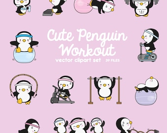 Premium Vector Clipart - Kawaii Workout Penguins - Cute Workout Penguins Clipart Set - High Quality Vectors - Kawaii Workout Clipart