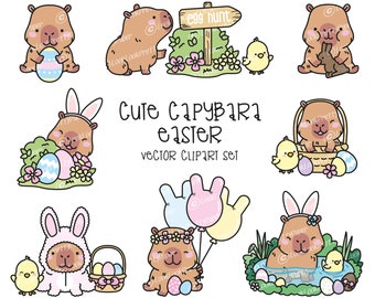 Premium Vector Clipart - Kawaii Easter Capybaras - Cute Easter Capybara Clipart Set - High Quality Vectors - Kawaii Easter Clipart