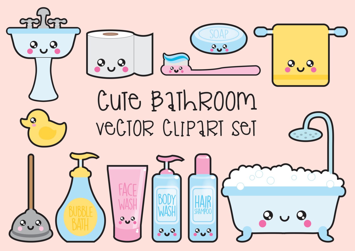 Premium Vector Clipart Kawaii Bathroom Clipart Kawaii Etsy
