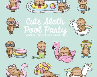 Premium vectorclipart - kawaii luiaard - schattige luiaard poolparty-clipart - poolparty - direct downloaden - kawaii-clipart