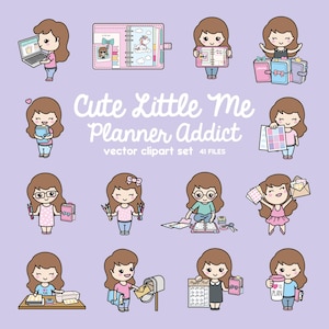 May include: A vector clipart set titled "Cute Little Me Planner Addict" featuring cartoon illustrations of a girl with brown hair. The girl is shown with a laptop, planner, and other stationery items. The set includes 41 files.