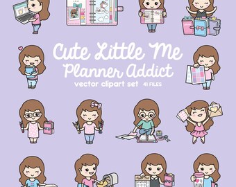 May include: A vector clipart set titled "Cute Little Me Planner Addict" featuring cartoon illustrations of a girl with brown hair. The girl is shown with a laptop, planner, and other stationery items. The set includes 41 files.
